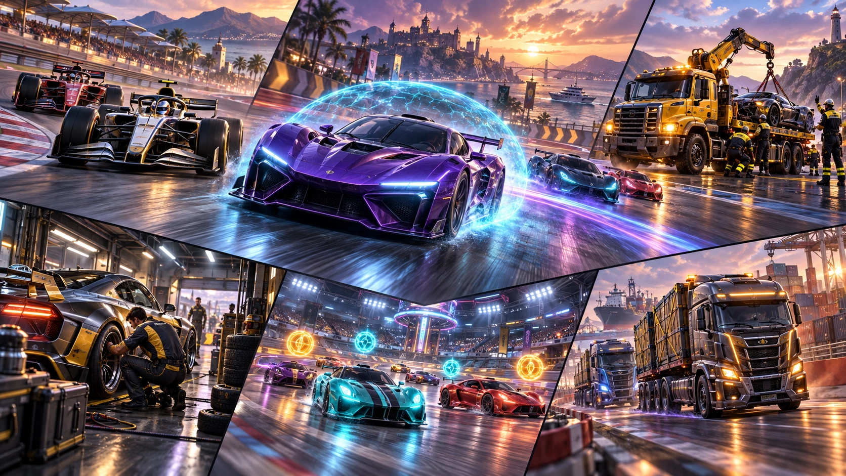 Event collage with chaos race, formula cars, recovery, tuning, arena and racing trucks