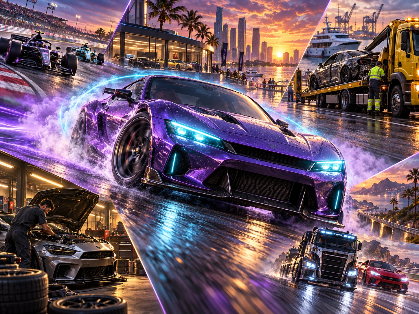 Life Empire action collage: purple sports car with energy shield, formula racing, workshop and towing service