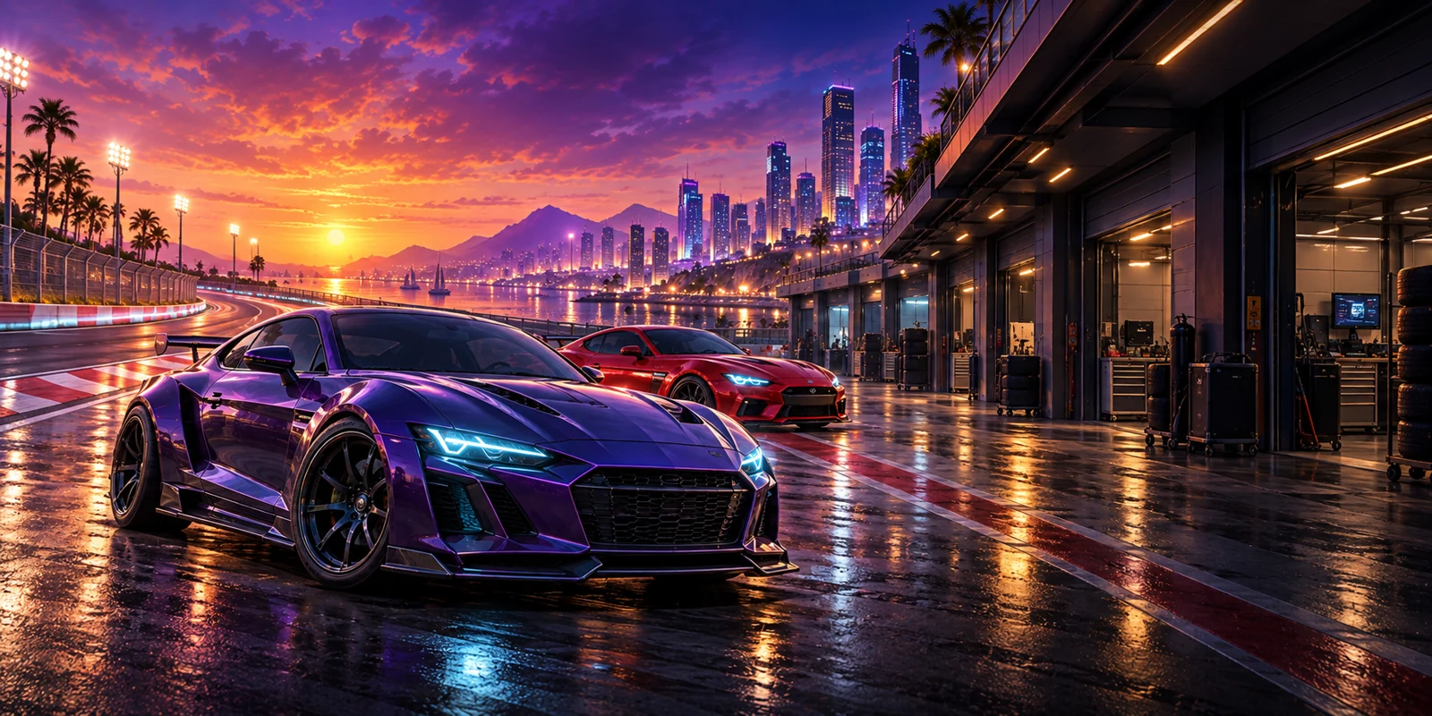 Sports car at a race track at sunset