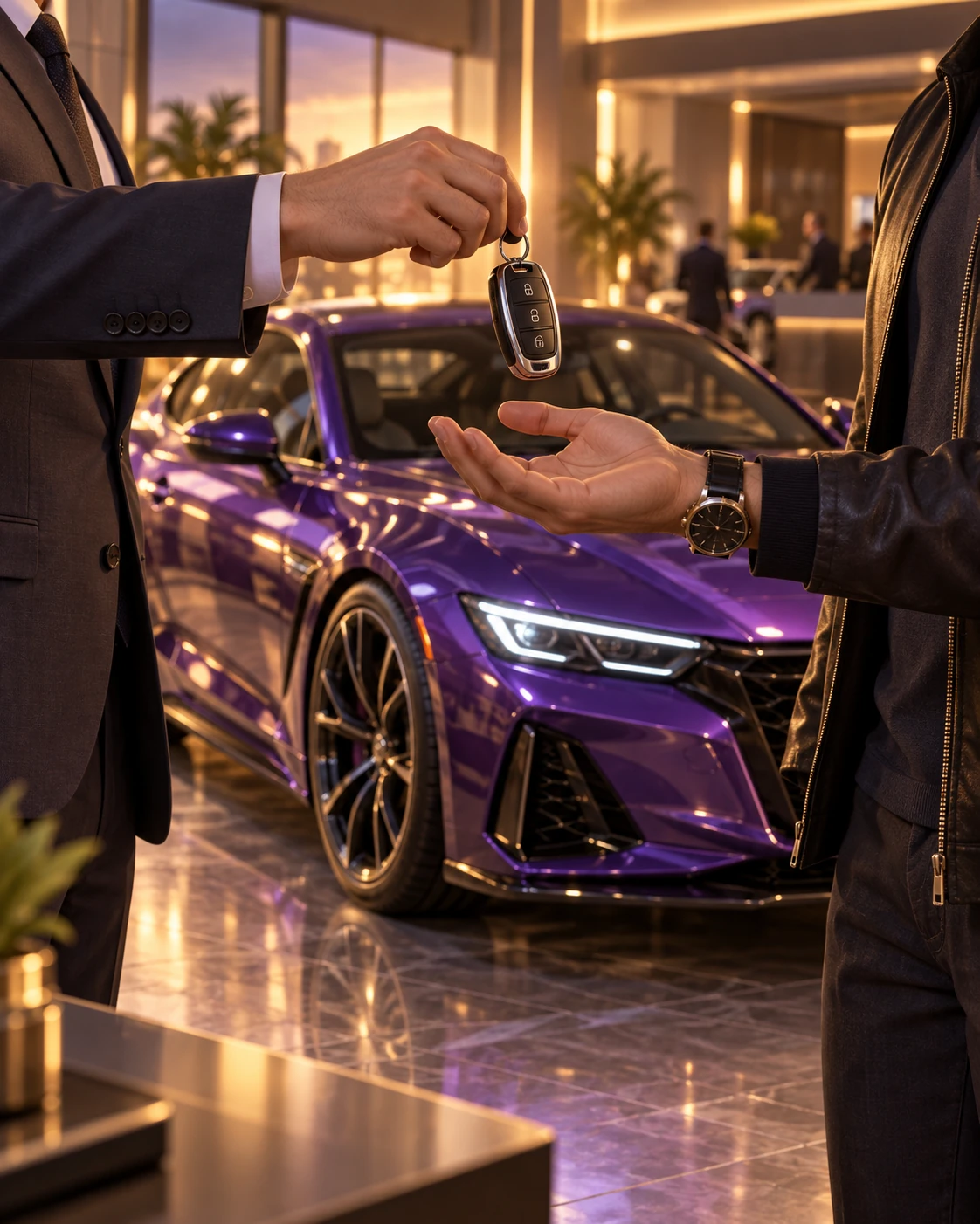 Key handover in front of a purple sports car in a dealership