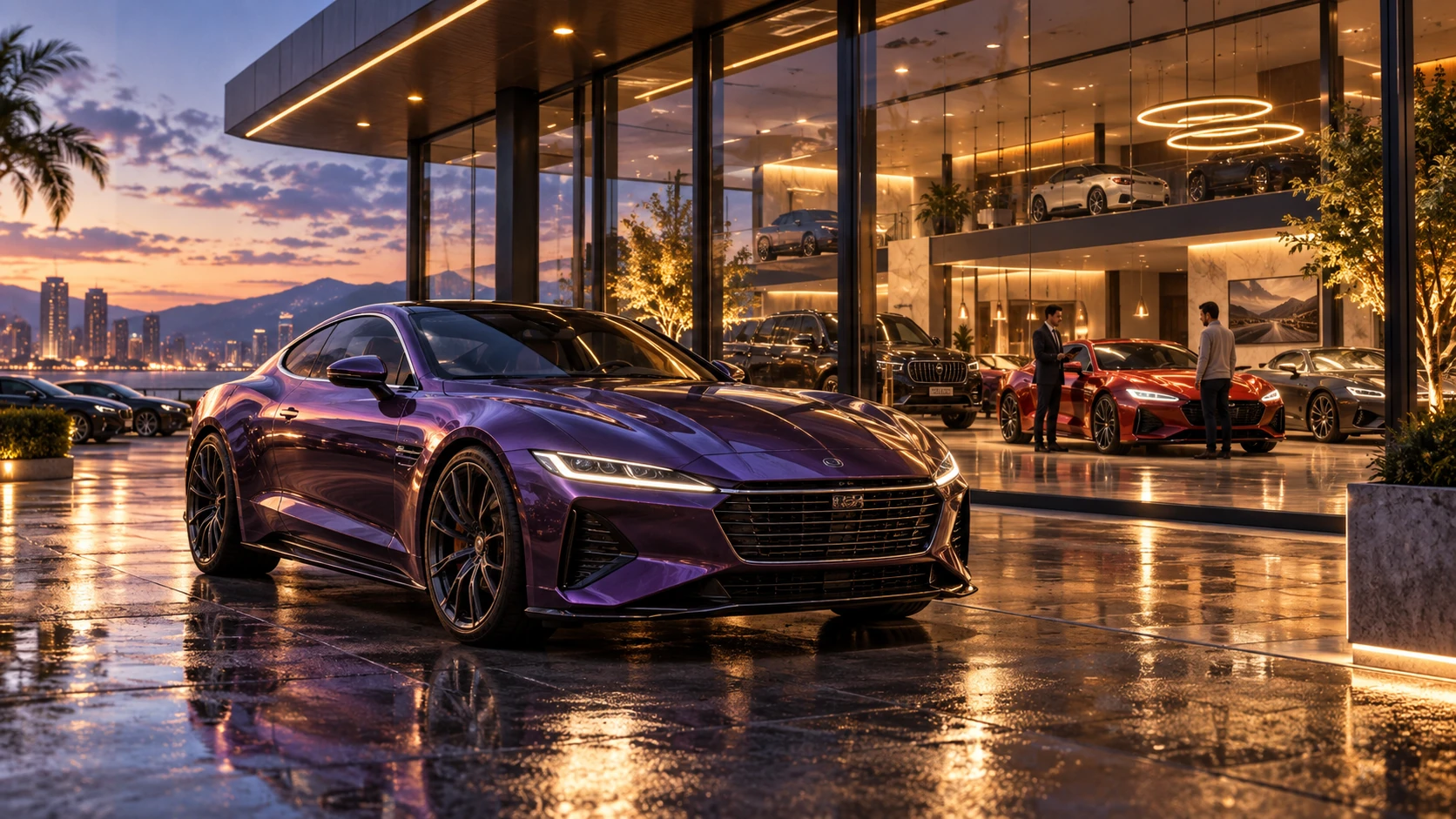 Purple sports car in a modern dealership
