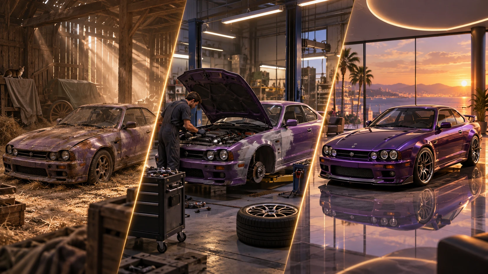 The same car as a neglected find, during repair and as a restored purple sports car